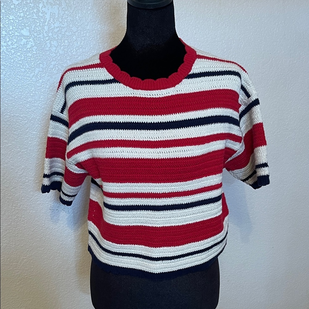Universal Thread Striped Crochet Short Sleeve Top - Red, White, Navy